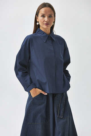 Pleated Collar Shirt Navy Blue - 9