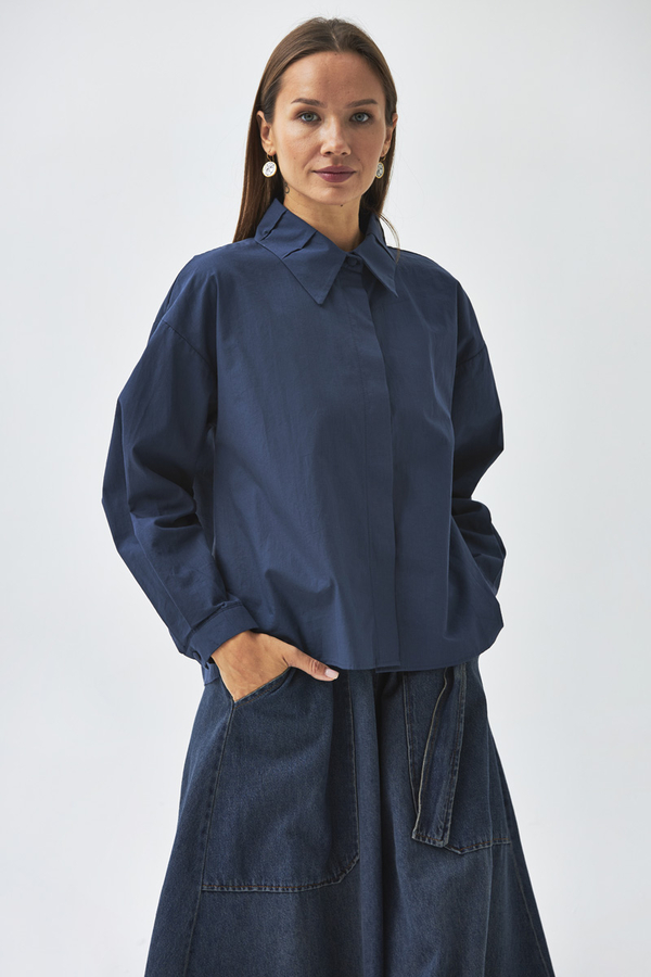 Pleated Collar Shirt Navy Blue - 9