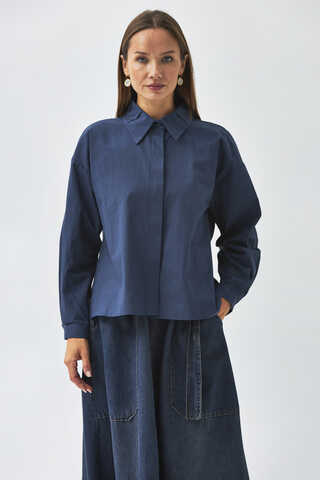 Pleated Collar Shirt Navy Blue - 11