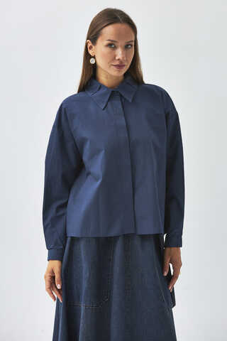 Pleated Collar Shirt Navy Blue - 1
