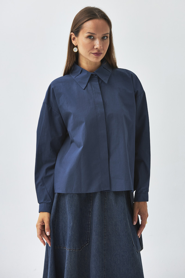 Pleated Collar Shirt Navy Blue