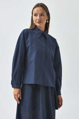 Pleated Collar Shirt Navy Blue - 4