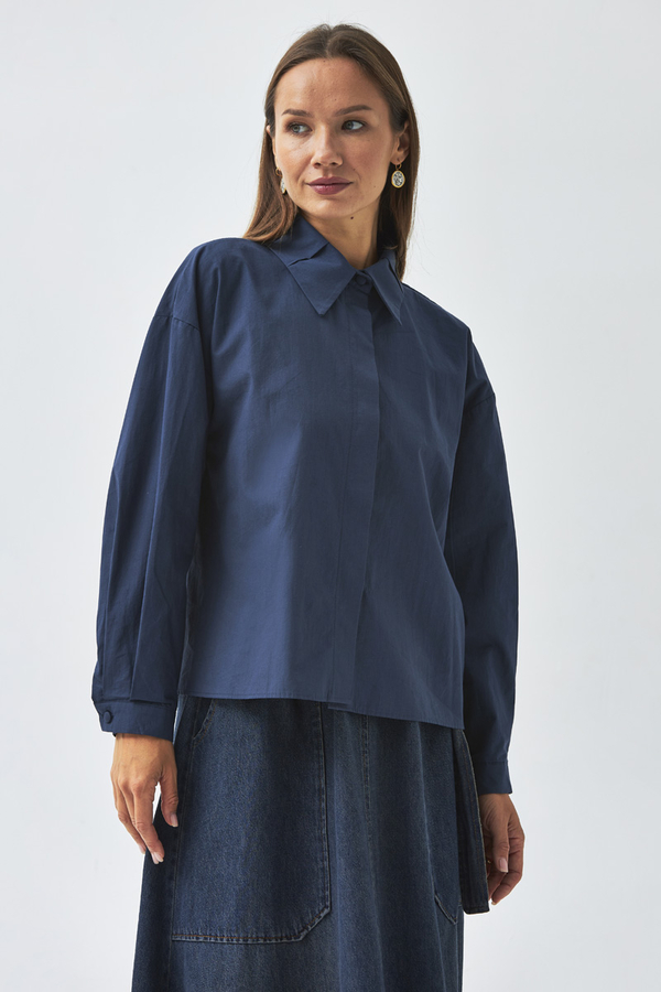 Pleated Collar Shirt Navy Blue - 4