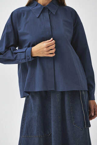 Pleated Collar Shirt Navy Blue - 5