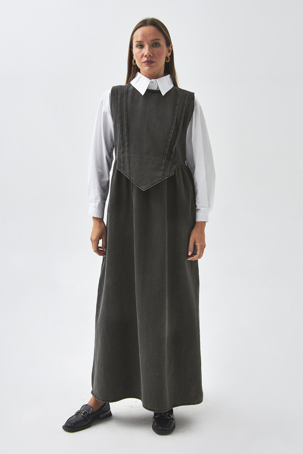 Pleated Detail Denim Pinafore Black - 2