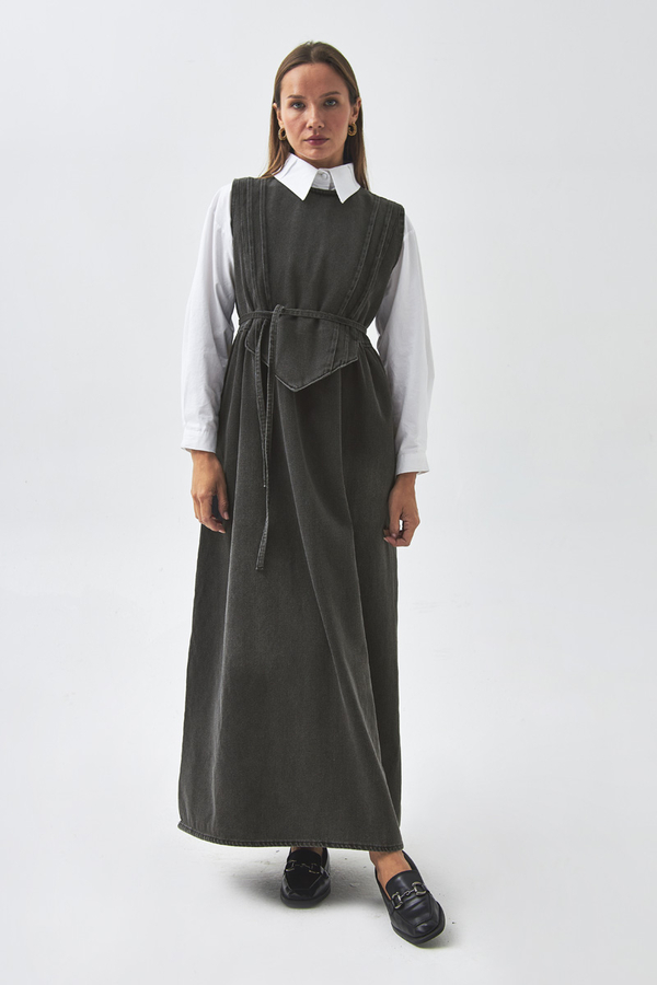 Pleated Detail Denim Pinafore Black - 6