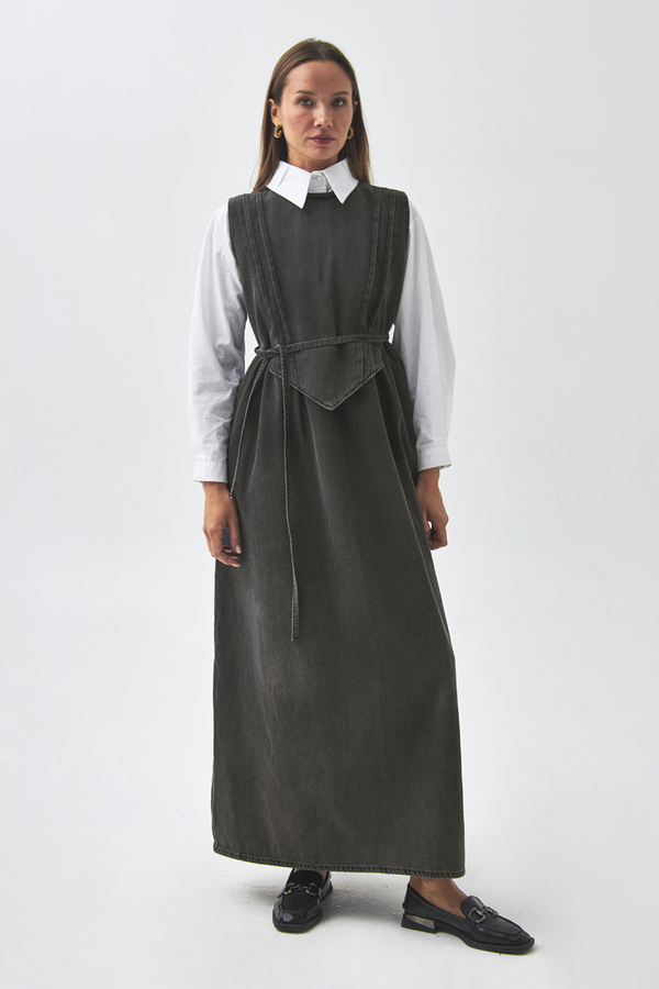 Pleated Detail Denim Pinafore Black 