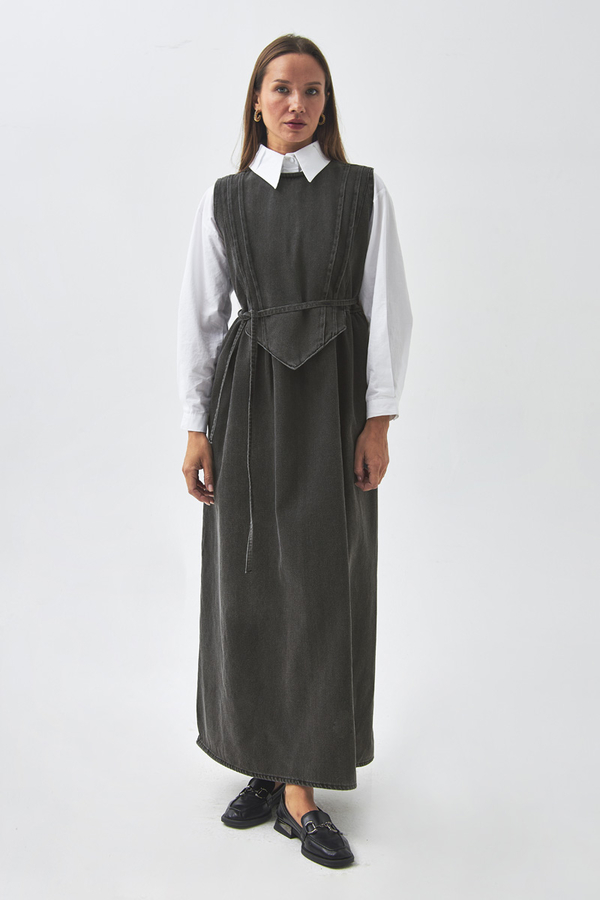 Pleated Detail Denim Pinafore Black - 7