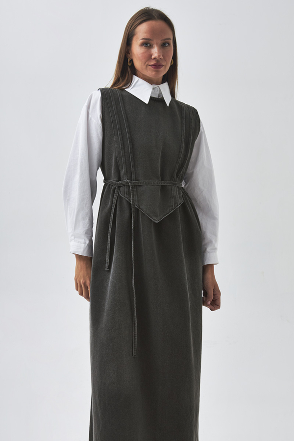 Pleated Detail Denim Pinafore Black - 8