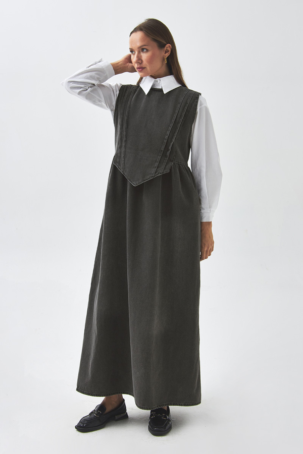 Pleated Detail Denim Pinafore Black - 5