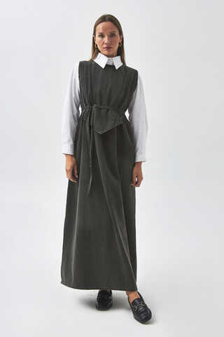 Pleated Detail Denim Pinafore Black - 6