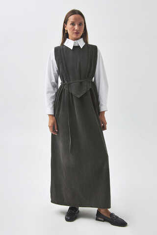 Pleated Detail Denim Pinafore Black - 1