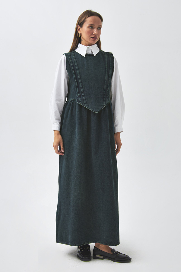 Pleated Detail Denim Pinafore Dark Blue - 3