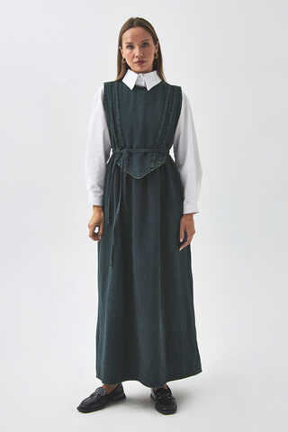 Pleated Detail Denim Pinafore Dark Blue - 5