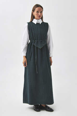 Pleated Detail Denim Pinafore Dark Blue - 6