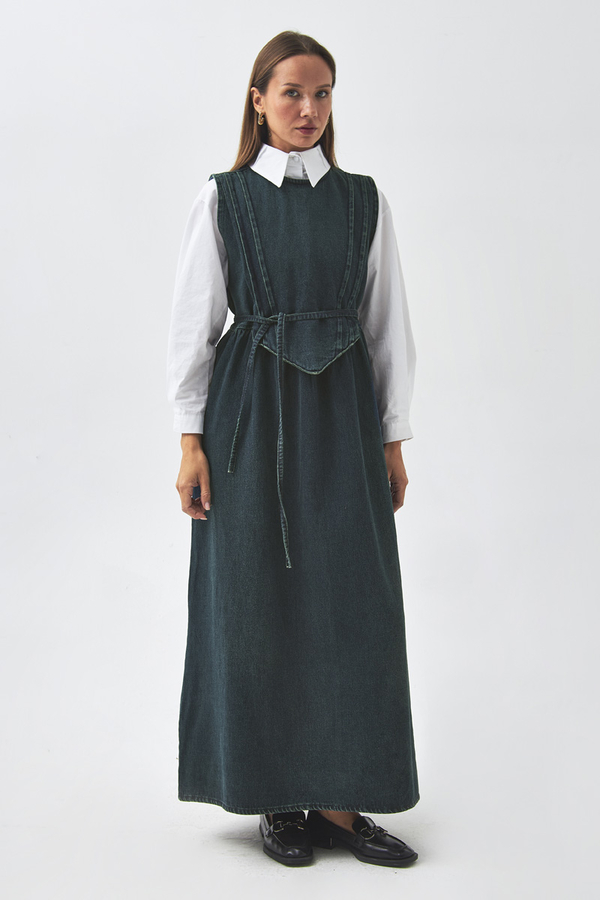 Pleated Detail Denim Pinafore Dark Blue - 6