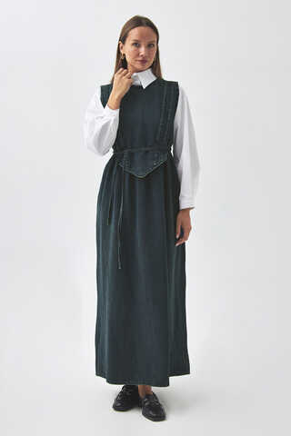 Pleated Detail Denim Pinafore Dark Blue - 7