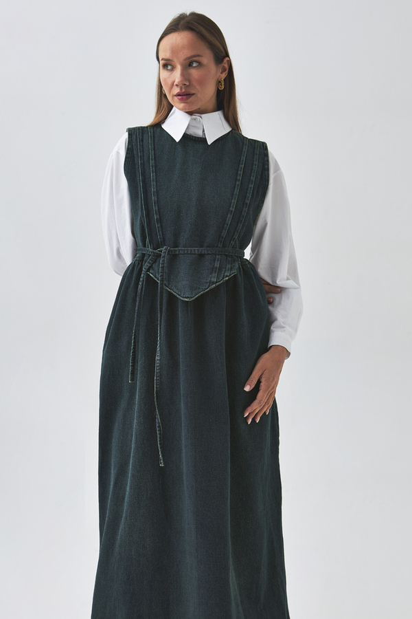 Pleated Detail Denim Pinafore Dark Blue - 1