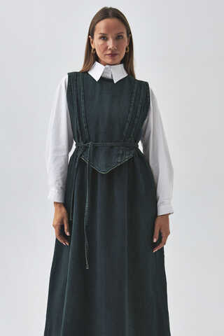 Pleated Detail Denim Pinafore Dark Blue - 8