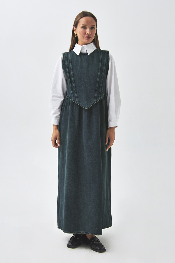 Pleated Detail Denim Pinafore Dark Blue - 2