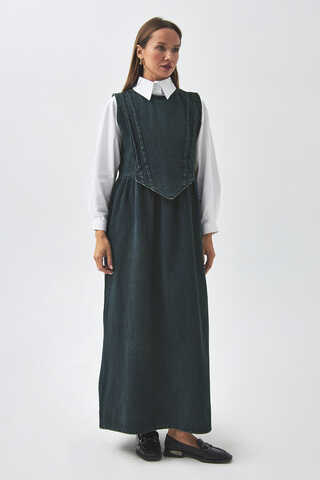 Pleated Detail Denim Pinafore Dark Blue - 3