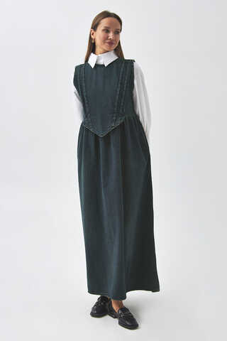 Pleated Detail Denim Pinafore Dark Blue - 4