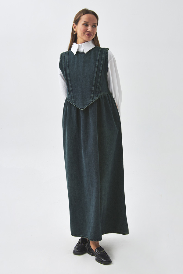 Pleated Detail Denim Pinafore Dark Blue - 4