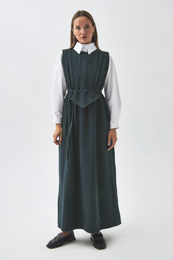 Pleated Detail Denim Pinafore Dark Blue - 5