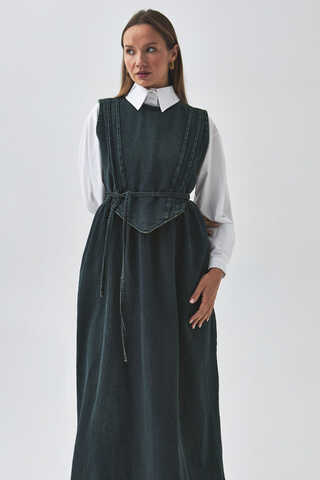 Pleated Detail Denim Pinafore Dark Blue - 1