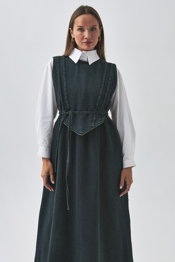 Pleated Detail Denim Pinafore Dark Blue - 8