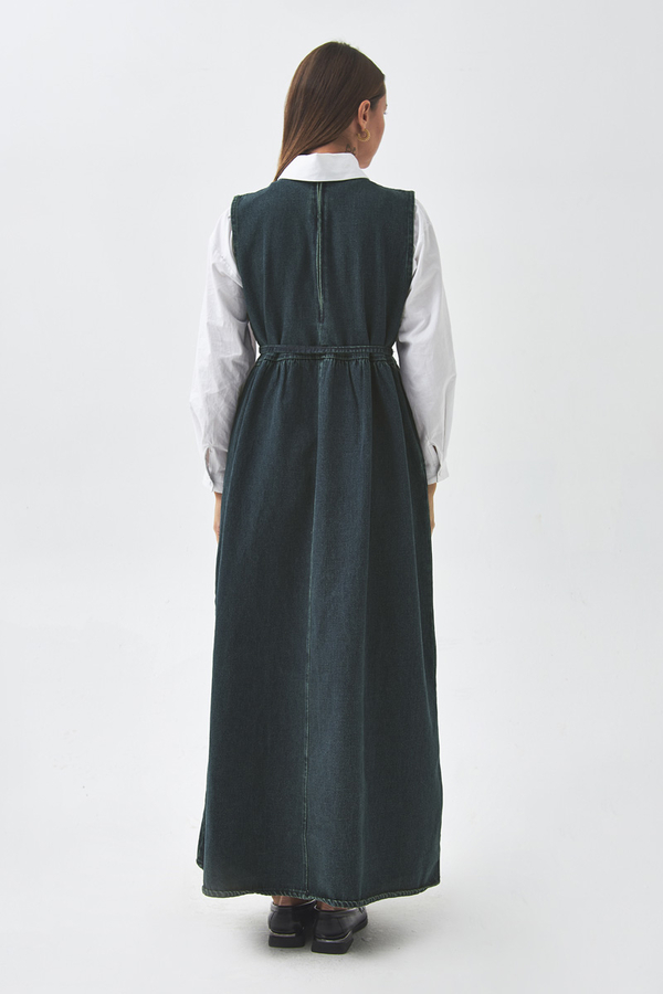 Pleated Detail Denim Pinafore Dark Blue - 9