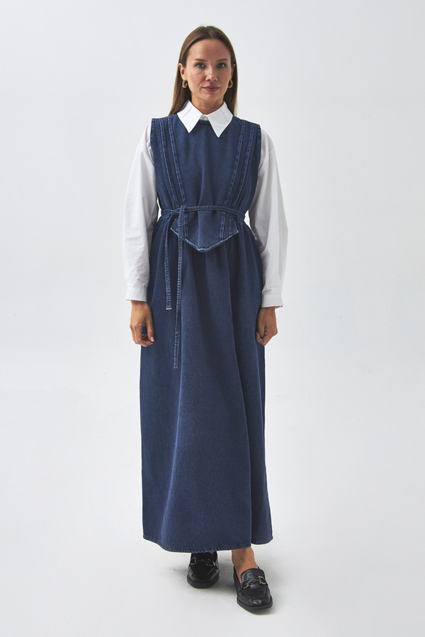 Pleated Detail Denim Pinafore Light Blue 