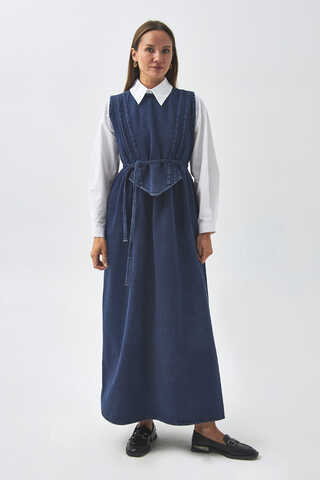 Pleated Detail Denim Pinafore Light Blue - 2