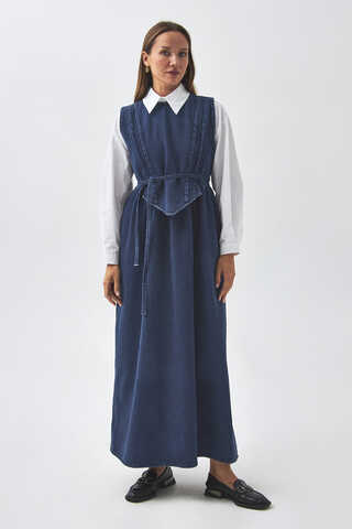 Pleated Detail Denim Pinafore Light Blue - 5