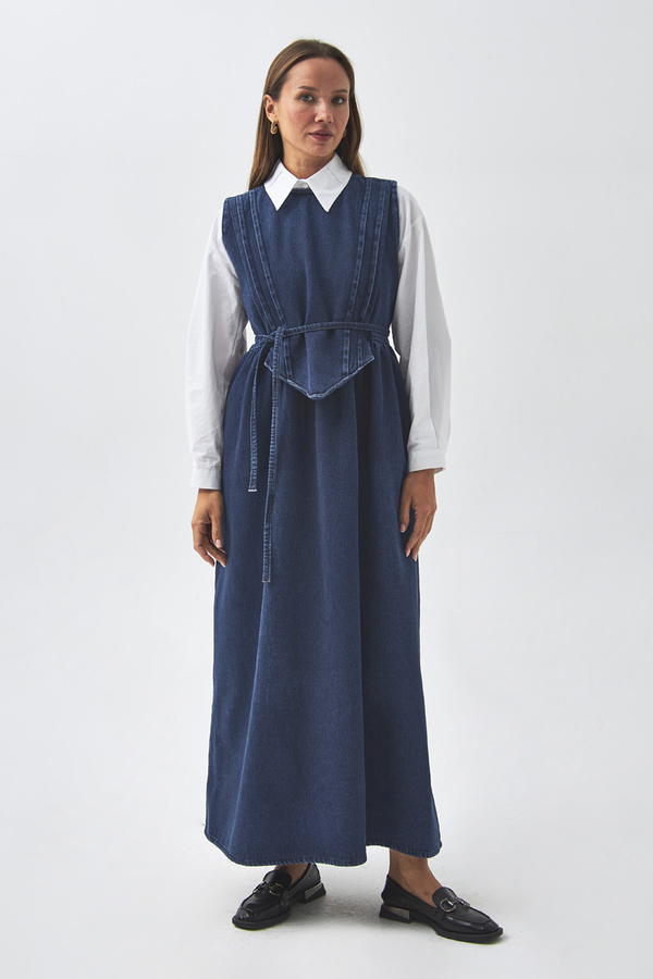 Pleated Detail Denim Pinafore Light Blue - 5