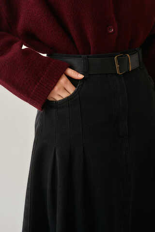 Pile Detaylı Denim Etek Siyah - 3