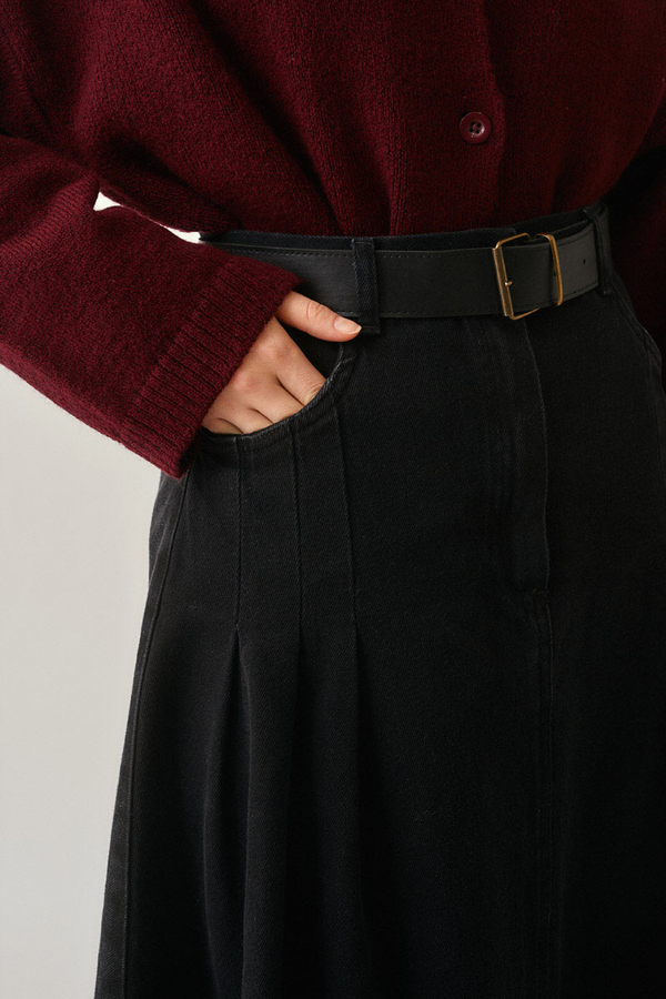 Pile Detaylı Denim Etek Siyah - 3