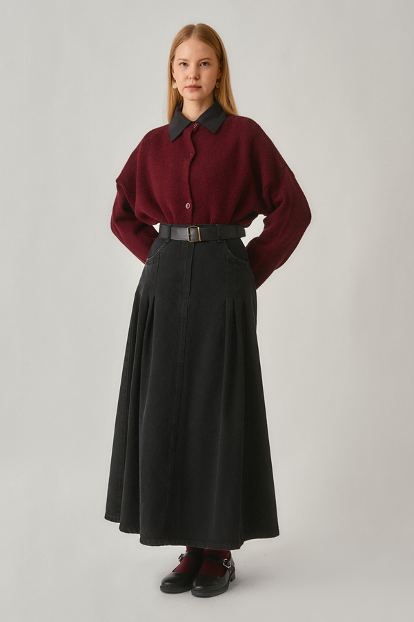 Pleated Detail Denim Skirt Black 