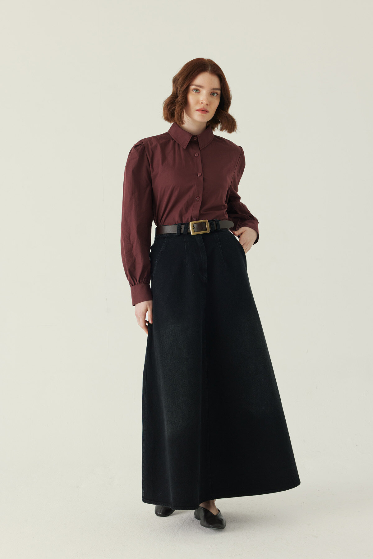 Pleated Detail Denim Skirt Black