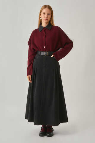 Pleated Detail Denim Skirt Black - 6