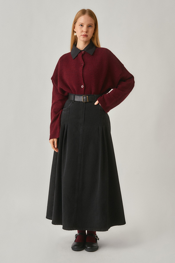 Pleated Detail Denim Skirt Black - 6