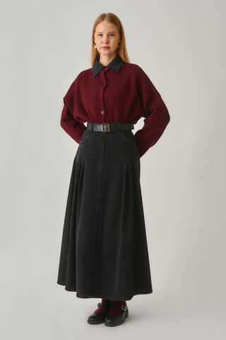 Pleated Detail Denim Skirt Black - 1