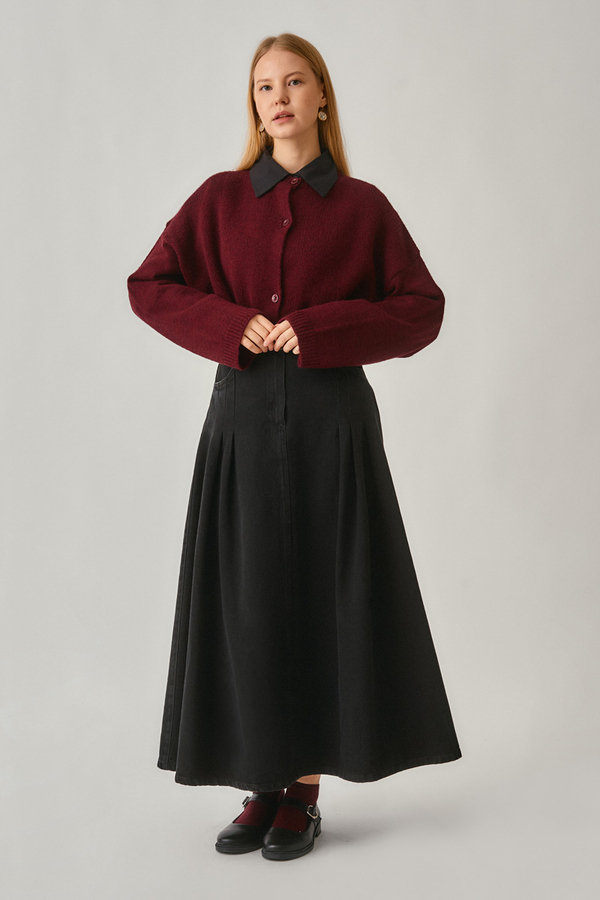 Pleated Detail Denim Skirt Black - 7