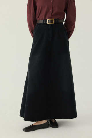 Pleated Detail Denim Skirt Black - 4