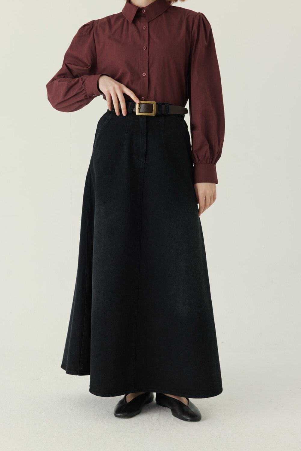 Pleated Detail Denim Skirt Black - 5