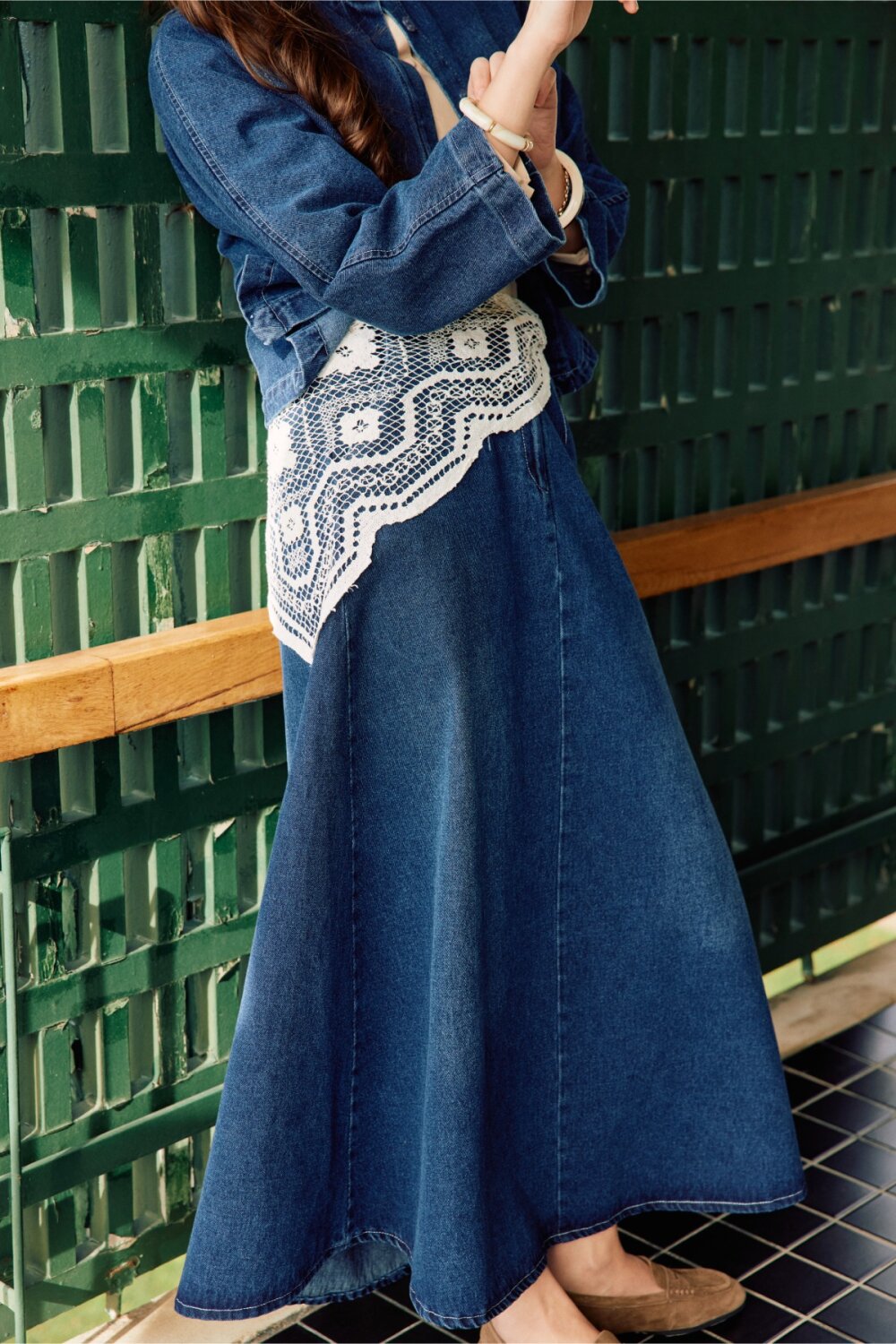 Pleated Detail Denim Skirt Blue (1)