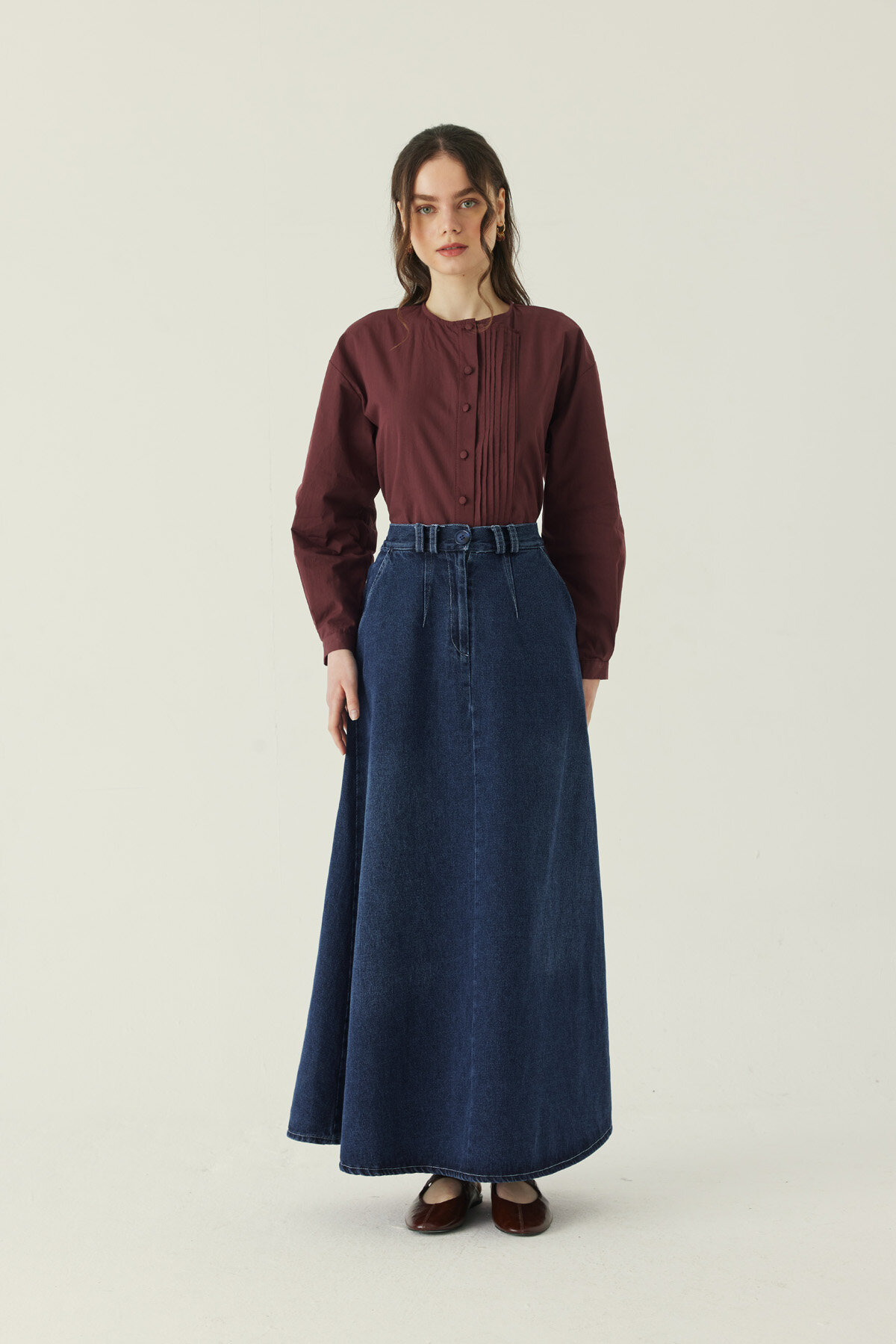 Pleated Detail Denim Skirt Blue
