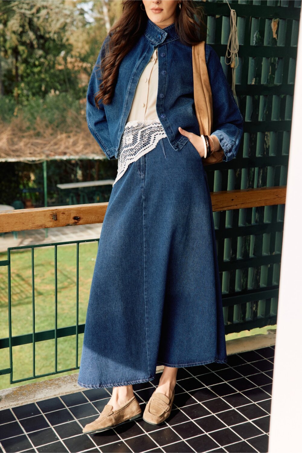 Pleated Detail Denim Skirt Blue - 1
