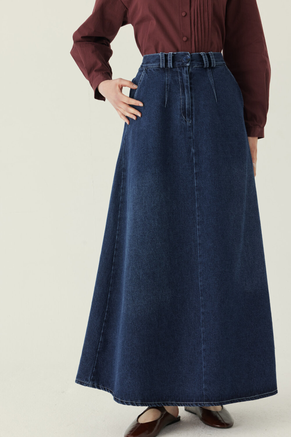 Pleated Detail Denim Skirt Blue - 4