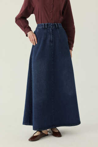 Pleated Detail Denim Skirt Blue - 5